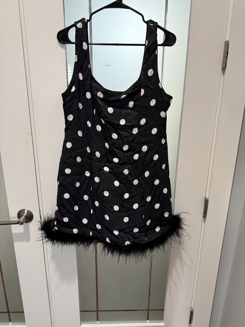 Kitri Black Polka Dot Tank Dress with Feather Hem- Size Uk 16/ US 12